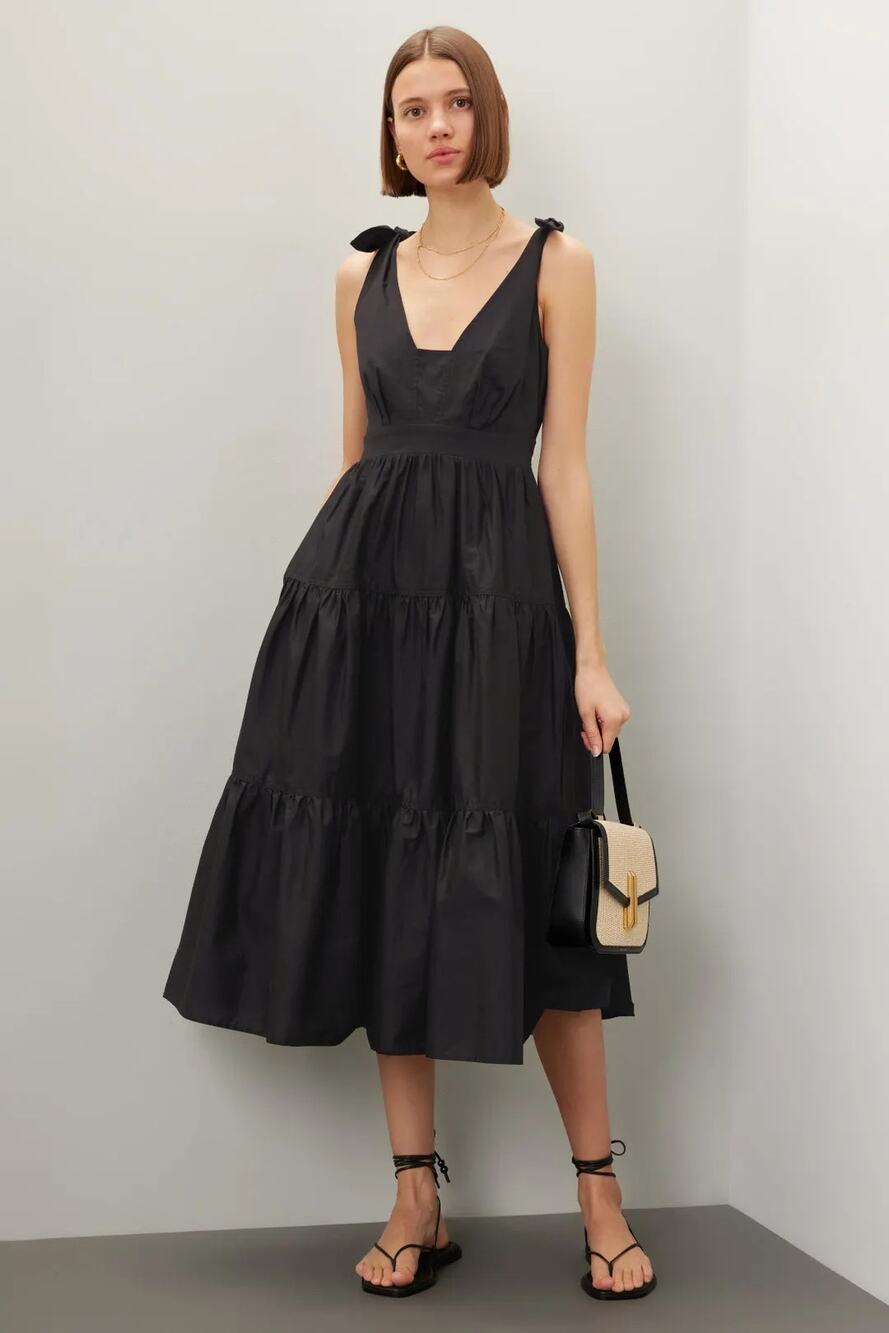 Derek Lam 10 Crosby Tie Shoulder Dress Sleeveless Tiered Midi A-Line Black US 4
